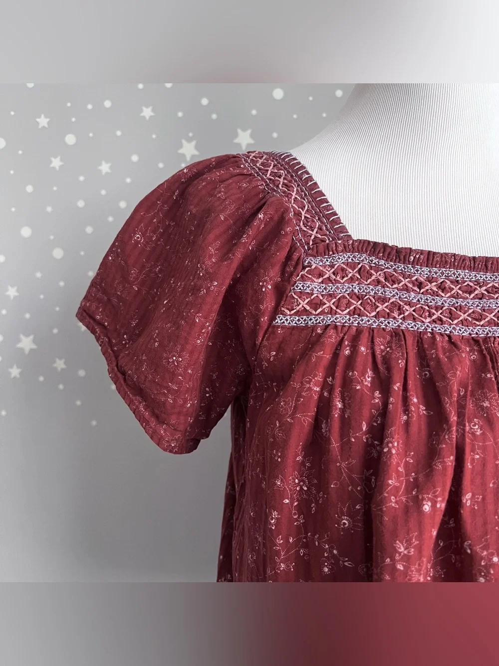 Madewell Square Neck Smocked Top XS Rusted Burgundy Floral Puff Sleeve Cotton
